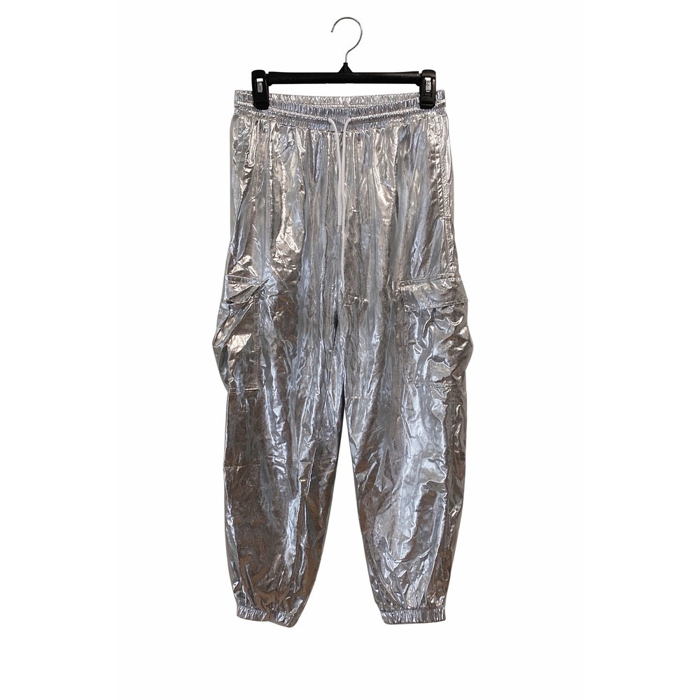 Silver Metallic Cargo Jogger Pants Womens Large‎ Elastic Waist Streetwear